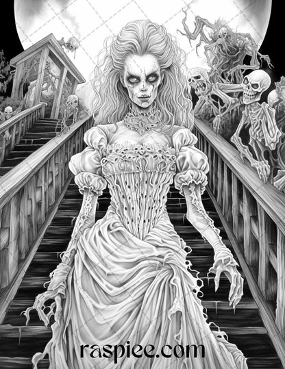 60 Halloween Victorian Era Grayscale Coloring Pages Printable for Adults, PDF File Instant Download
