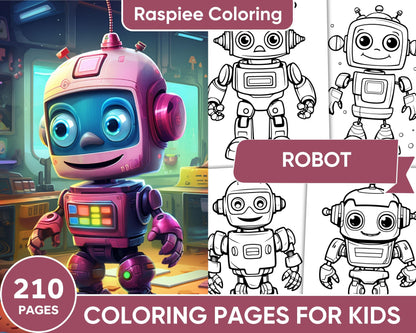 210 Robot Coloring Pages for Kids, Preschool Kindergarten Learning Activity Book Printable PDF Download
