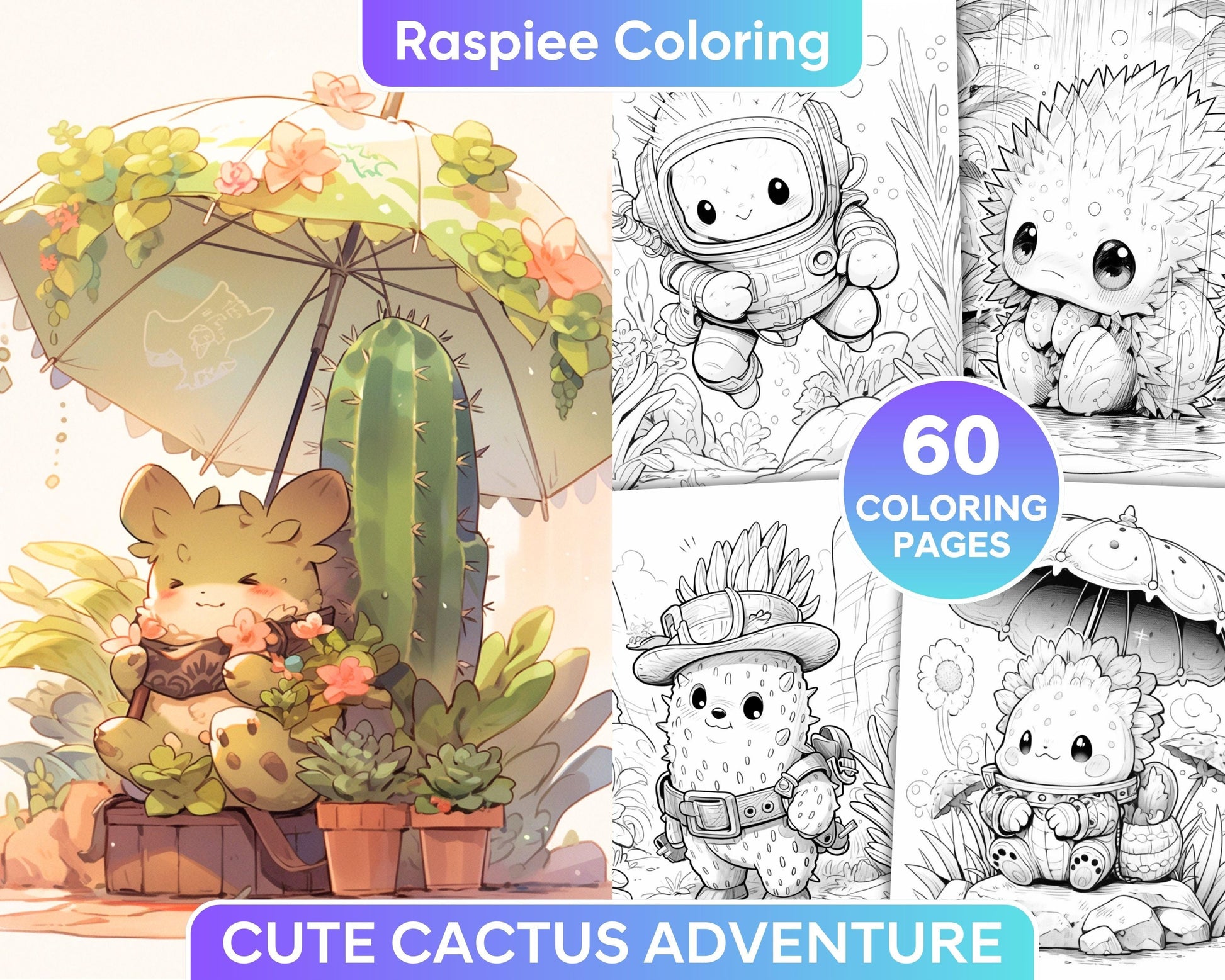 60 Cute Cactus Adventure Grayscale Coloring Pages for Adults, Printable PDF Instant Download