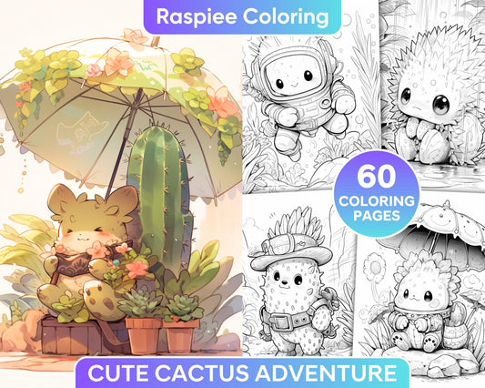 60 Cute Cactus Adventure Grayscale Coloring Pages for Adults, Printable PDF Instant Download