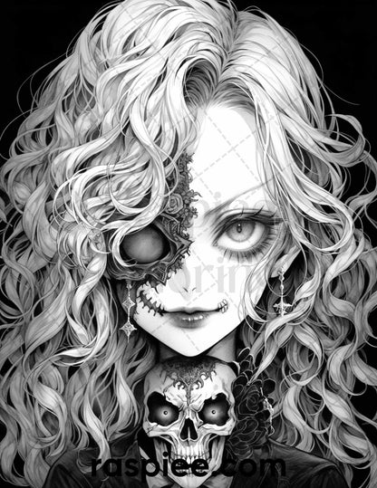60 Horror Beauties Grayscale Coloring Pages Printable for Adults, PDF File Instant Download