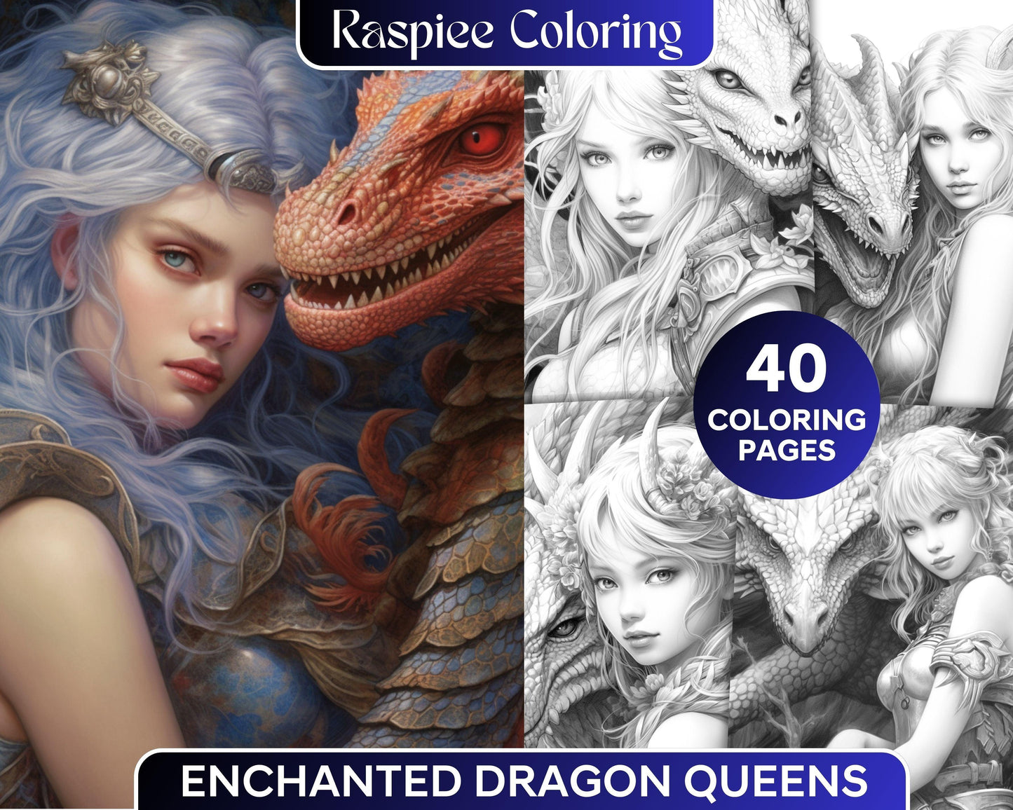 Enchanted Dragon Queens Grayscale Coloring Pages Printable for Adults, PDF File Instant Download