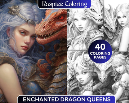 Enchanted Dragon Queens Grayscale Coloring Pages Printable for Adults, PDF File Instant Download