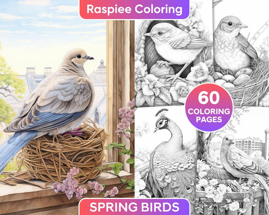 60 Spring Birds Grayscale Adult Coloring Pages, Printable PDF Instant Download