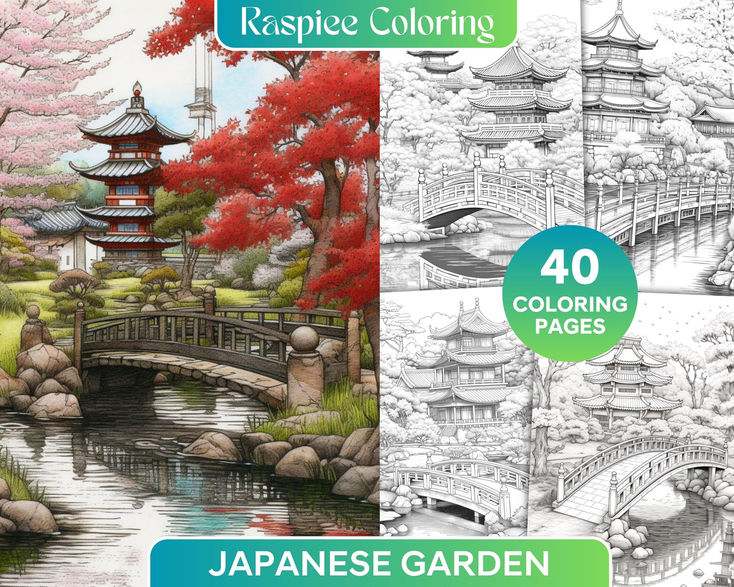 Japanese Garden Grayscale Coloring Pages Printable for Adults, PDF File Instant Download