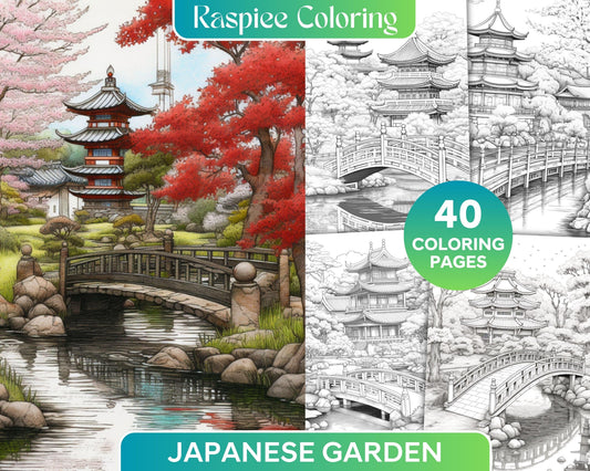 Japanese Garden Grayscale Coloring Pages Printable for Adults, PDF File Instant Download
