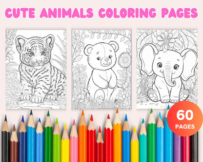 60 Cute Animals Printable Coloring Pages for Kids, Printable PDF File Instant Download