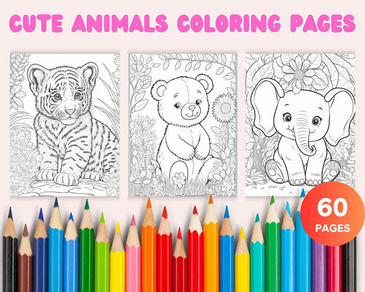 60 Cute Animals Printable Coloring Pages for Kids, Printable PDF File Instant Download