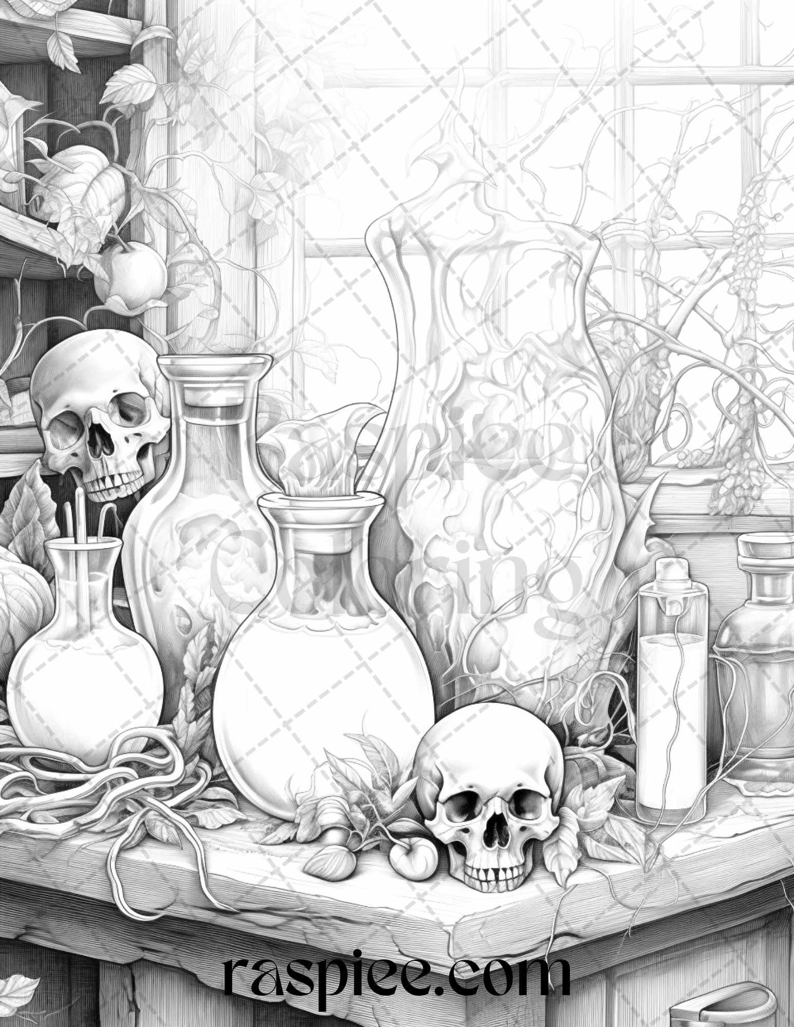 40 Mystical Magic Potions Grayscale Coloring Pages Printable for Adults, PDF File Instant Download