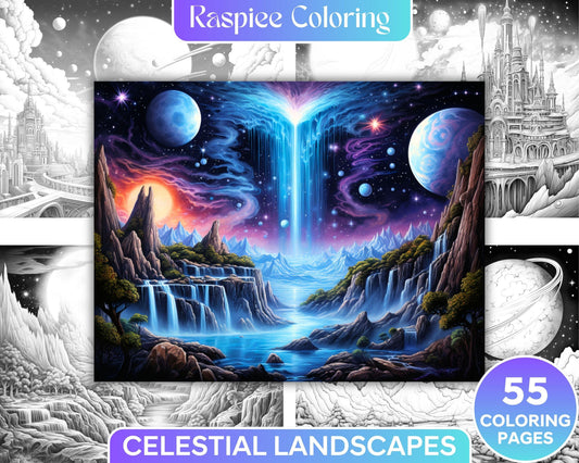55 Celestial Landscapes Grayscale Coloring Pages Printable for Adults, PDF File Instant Download