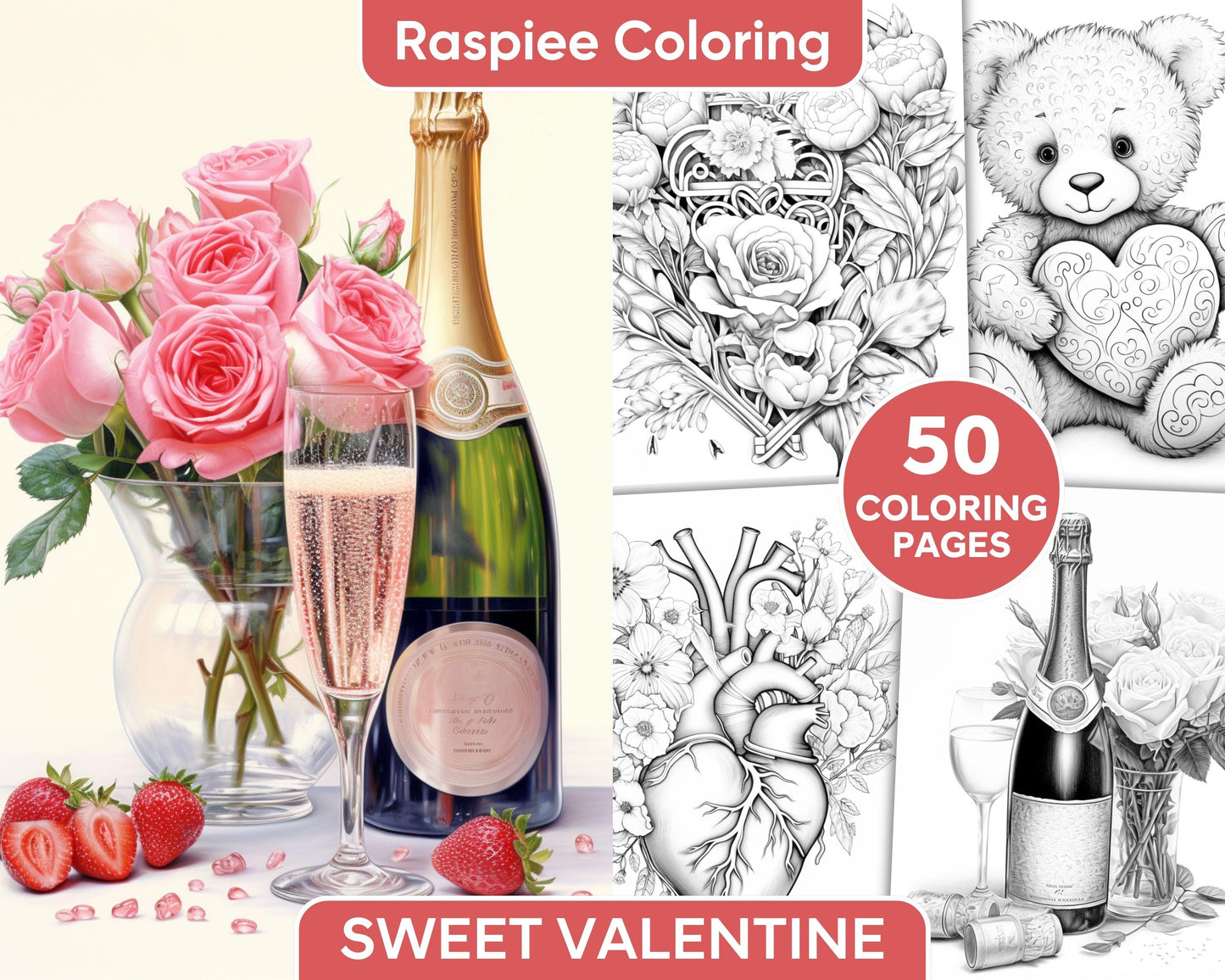 50 Sweet Valentine Grayscale Adult Coloring Pages, Printable PDF Instant Download