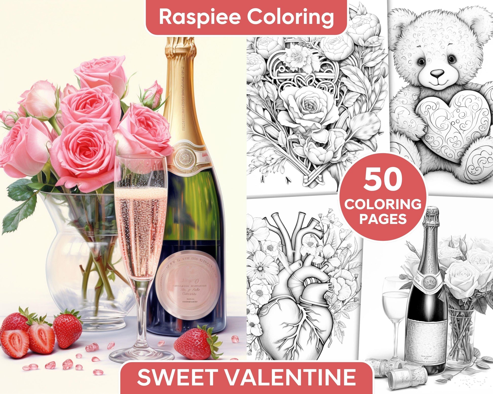 50 Sweet Valentine Grayscale Adult Coloring Pages, Printable PDF Instant Download