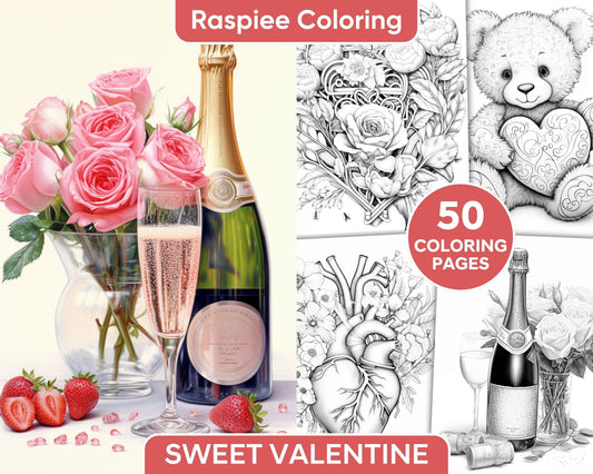 50 Sweet Valentine Grayscale Adult Coloring Pages, Printable PDF Instant Download