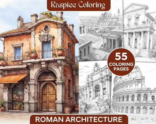 Roman Architecture Grayscale Coloring Pages Printable for Adults, PDF File Instant Download