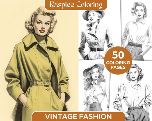 Vintage Fashion Grayscale Coloring Pages Printable for Adults, PDF File Instant Download