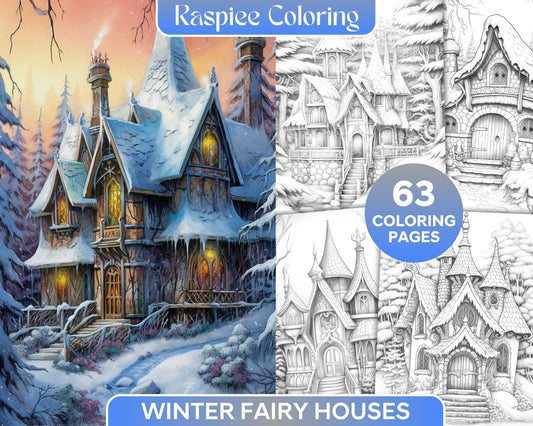 63 Winter Fairy Houses Grayscale Coloring Pages Printable for Adults, PDF File Instant Download
