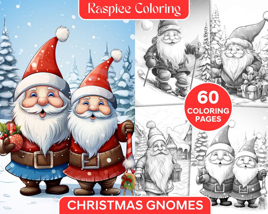 60 Christmas Gnomes Grayscale Coloring Pages Printable for Adults and Kids, PDF File Instant Download