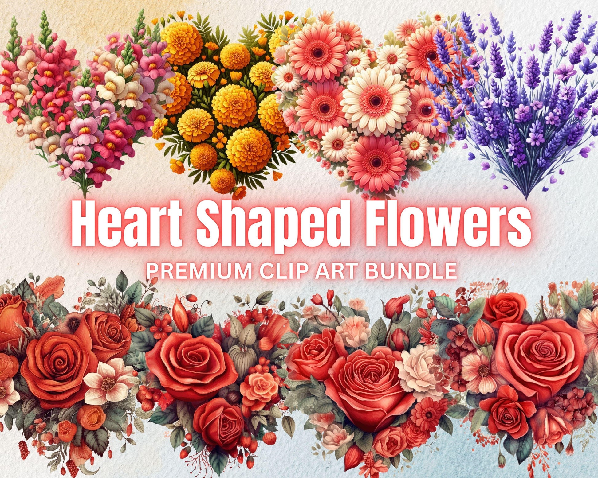 Romantic Heart-Shaped Flowers Clipart Bundle, 35 PNG High-Res Files for DIY and Commercial Use