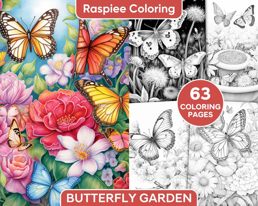 63 Butterfly Garden Grayscale Adult Coloring Pages, Printable PDF Instant Download