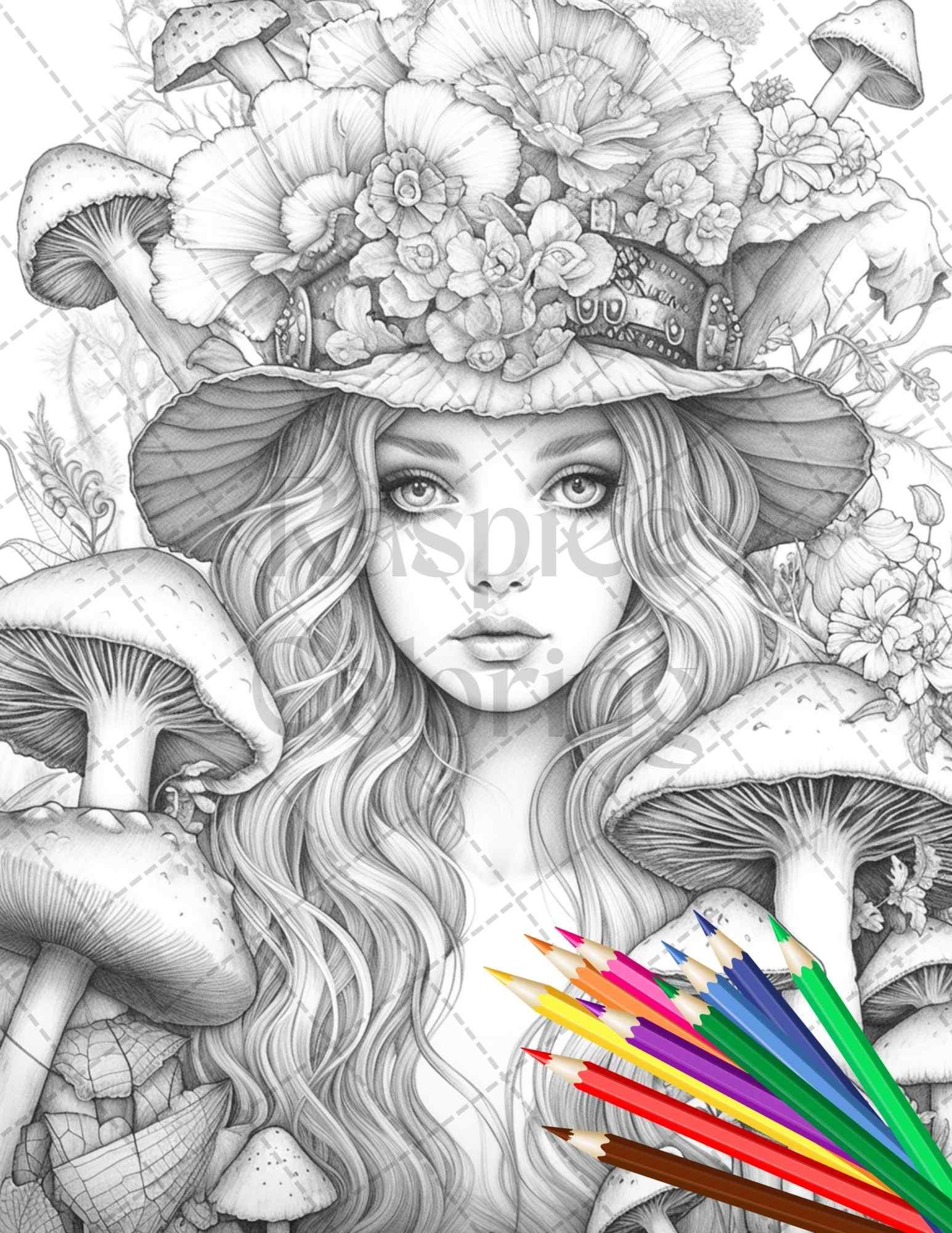50 Mushroom Fairy Grayscale Coloring Pages Printable for Adults, PDF File Instant Download