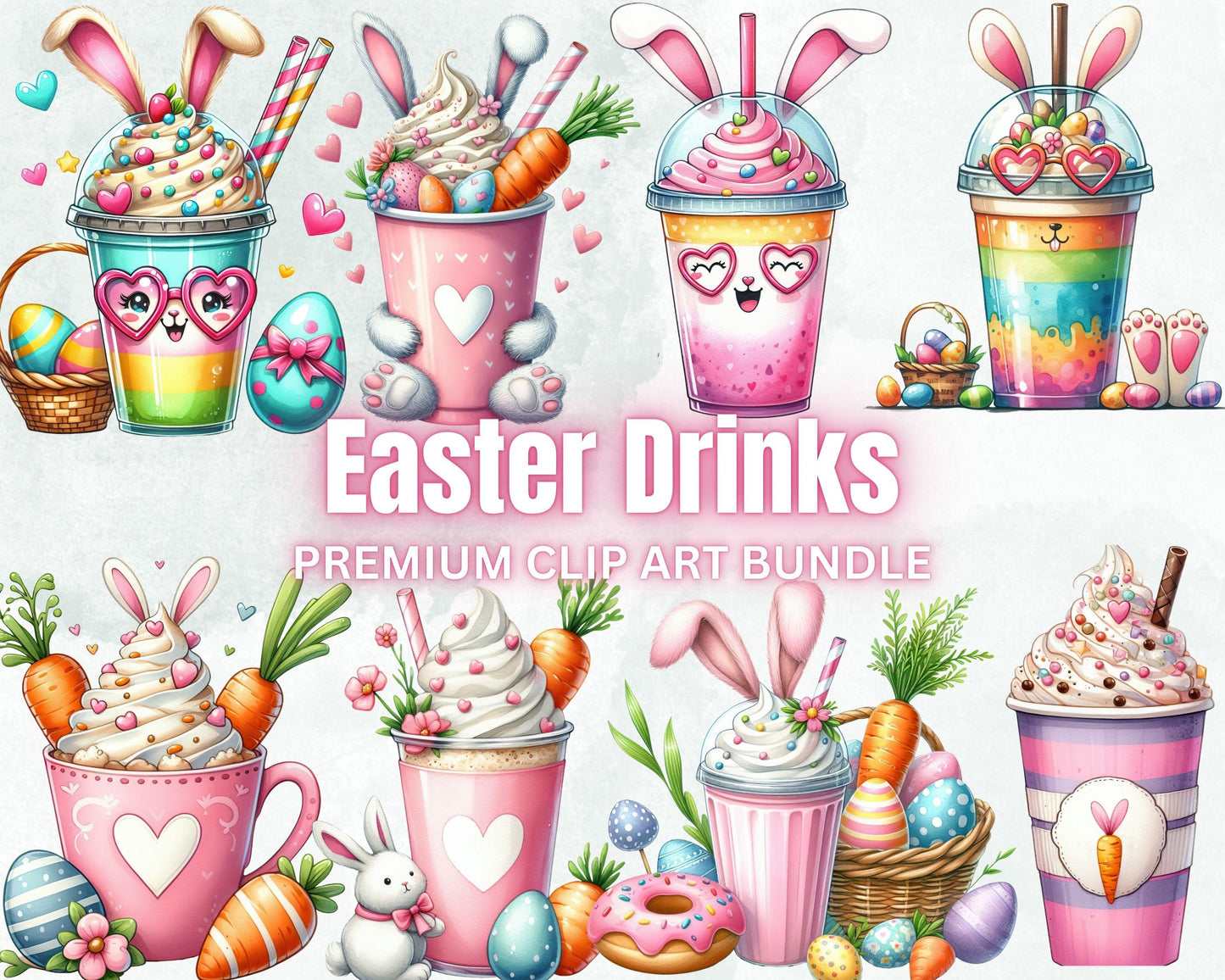 Adorable Easter Drinks Sublimation Clipart Bundle, 30 PNG High-Res Files for Commercial Use