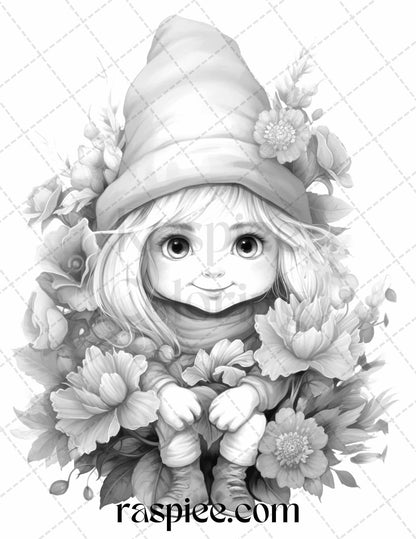 50 Flower Gnomes Grayscale Coloring Pages Printable for Adults Kids, PDF File Instant Download