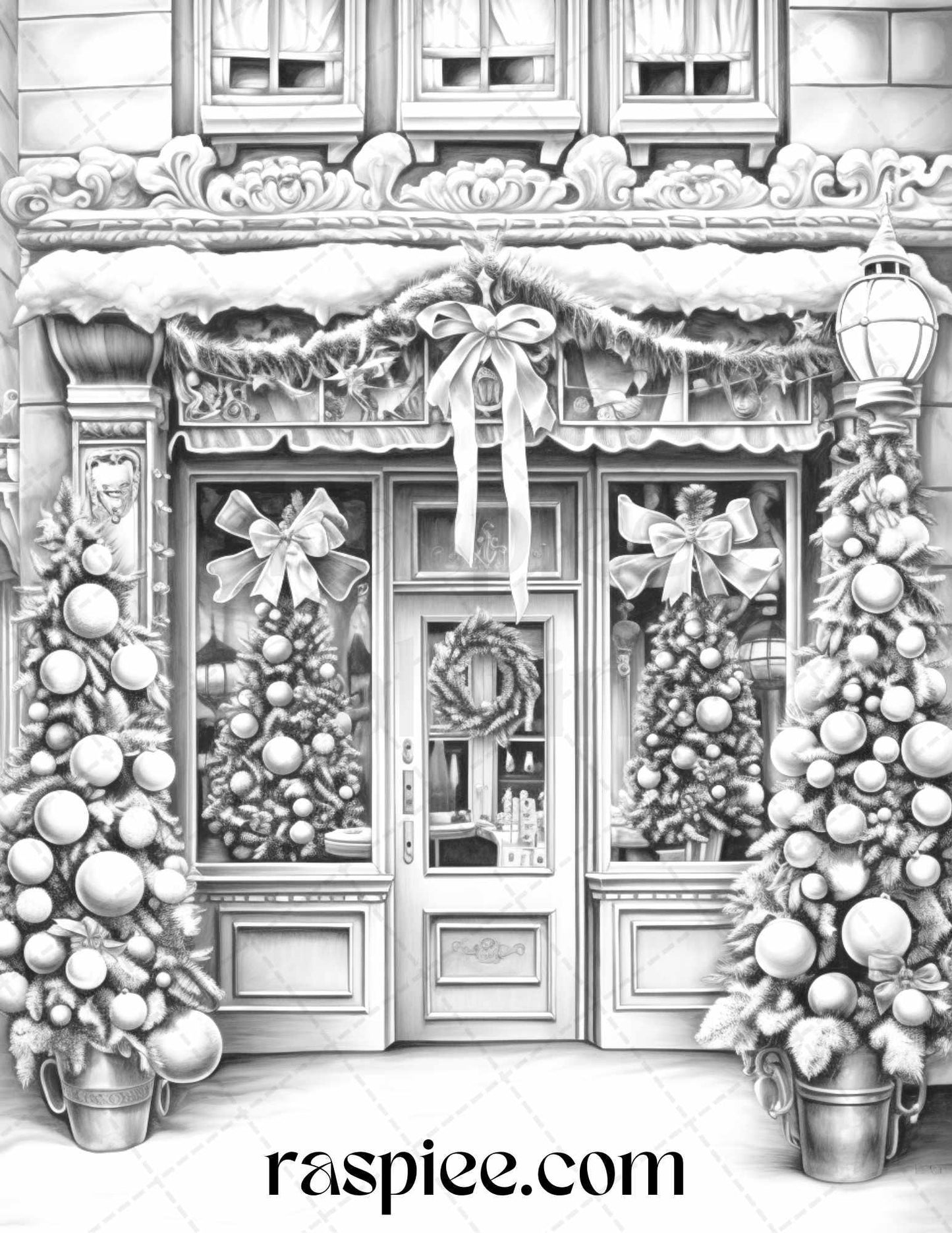 Christmas Store Front Grayscale Coloring Pages for Adults, PDF Printable Instant Download