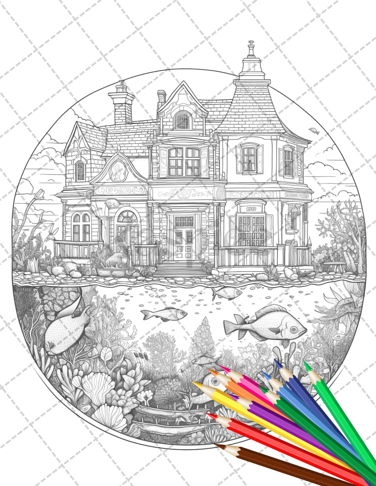 34 Fishtank Houses Coloring Book for Adults, Grayscale Coloring Page, Printable PDF Instant Download