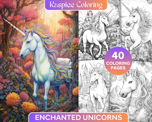 40 Enchanted Unicorns Grayscale Coloring Pages Printable for Adults, PDF File Instant Download