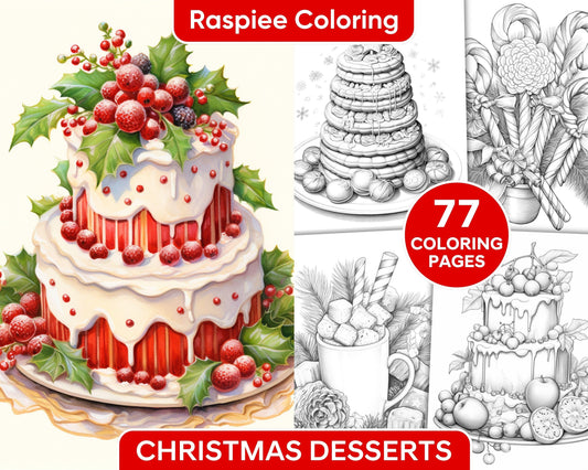 77 Christmas Desserts Grayscale Coloring Pages for Adults, Printable PDF Instant Download