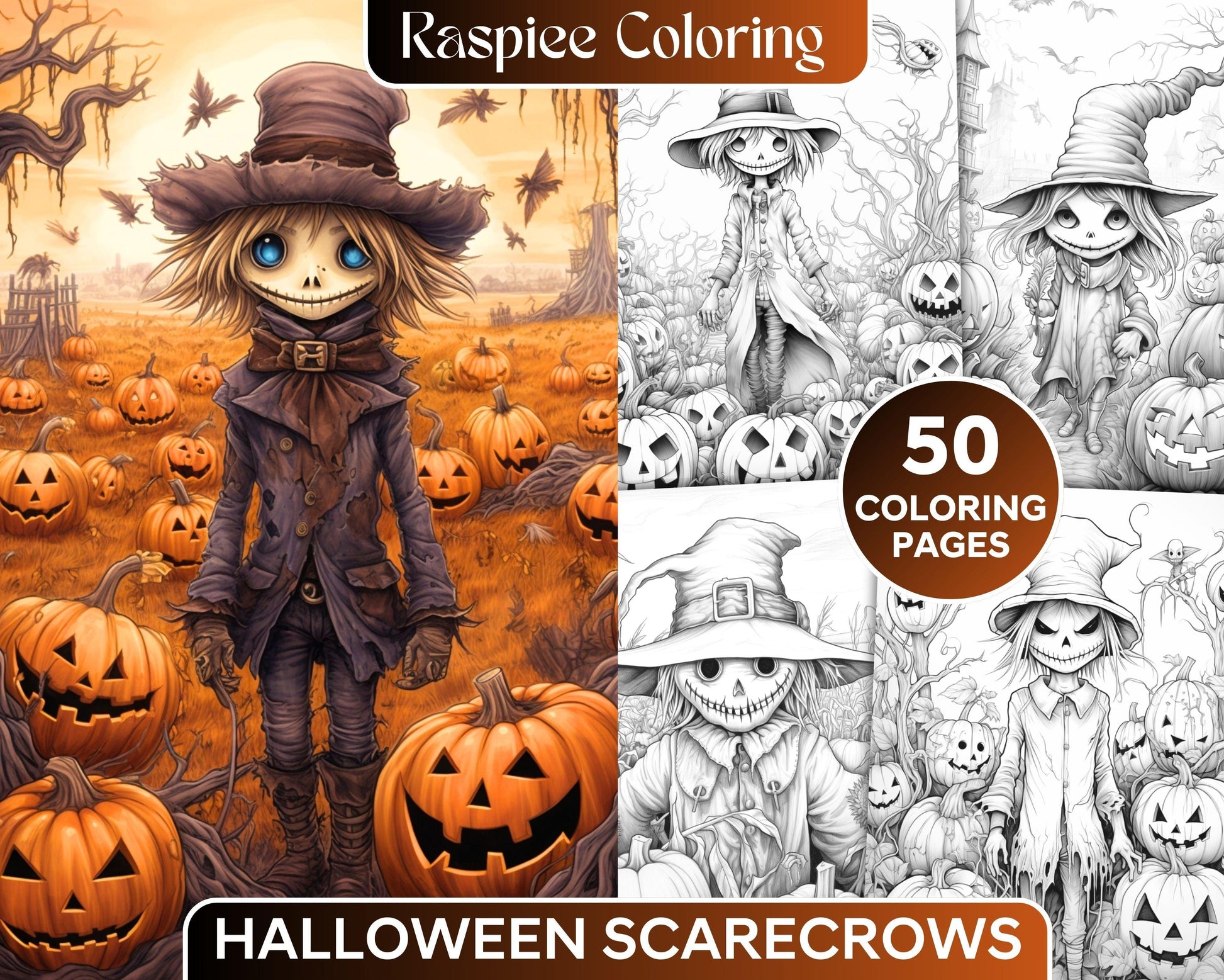 50 Halloween Scarecrows Grayscale Coloring Pages Printable for Adults, PDF File Instant Download