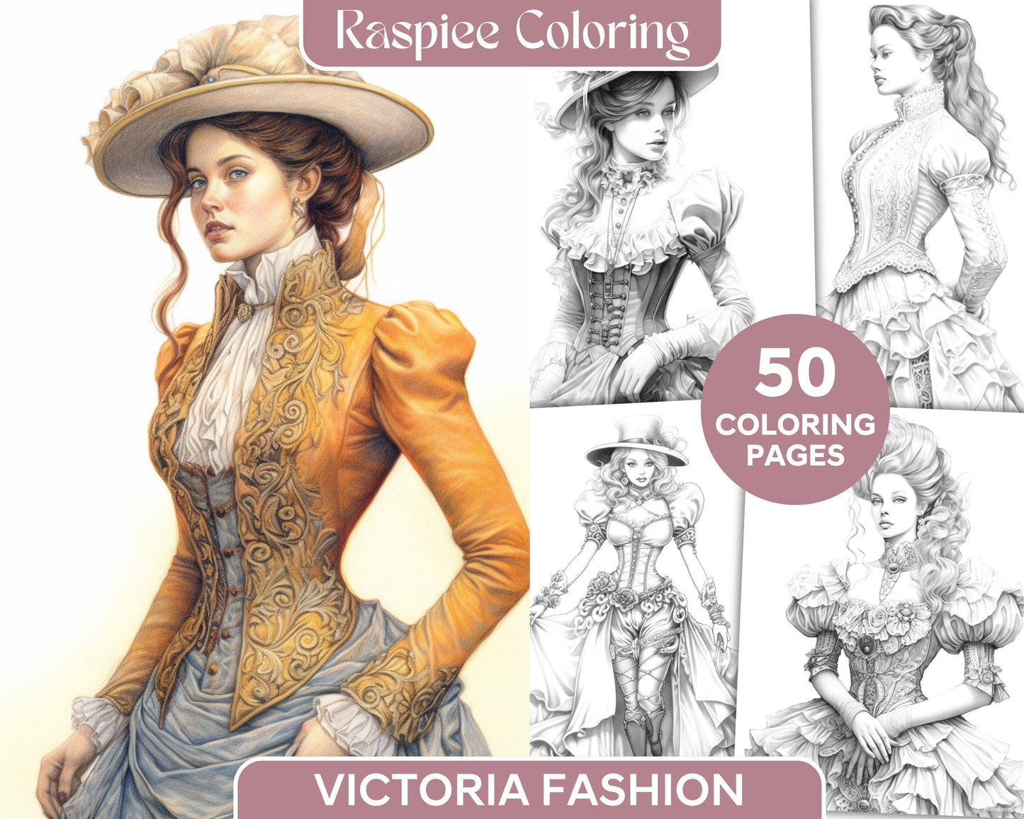 50 Victorian Fashion Grayscale Coloring Pages Printable for Adults, PDF File Instant Download