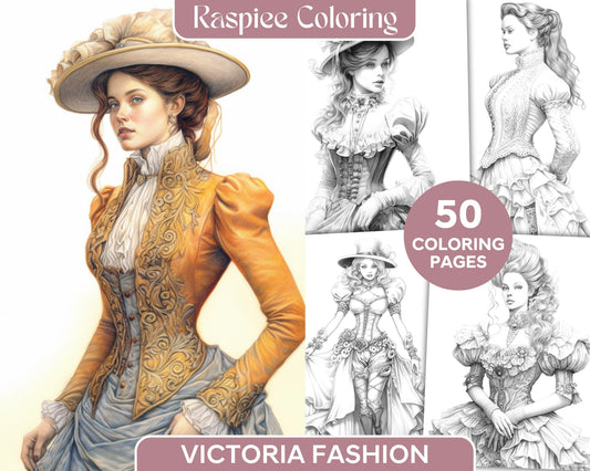 50 Victorian Fashion Grayscale Coloring Pages Printable for Adults, PDF File Instant Download