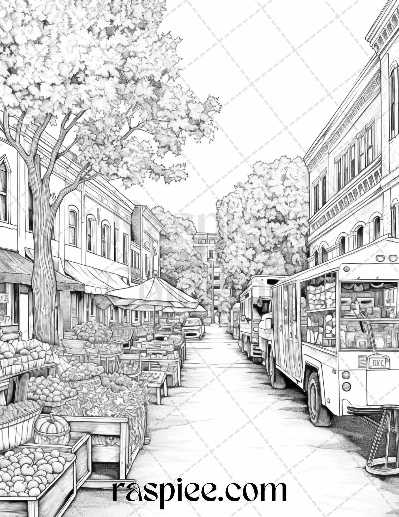 Autumn Street Markets Grayscale Coloring Pages for Adults, Printable PDF File Instant Download