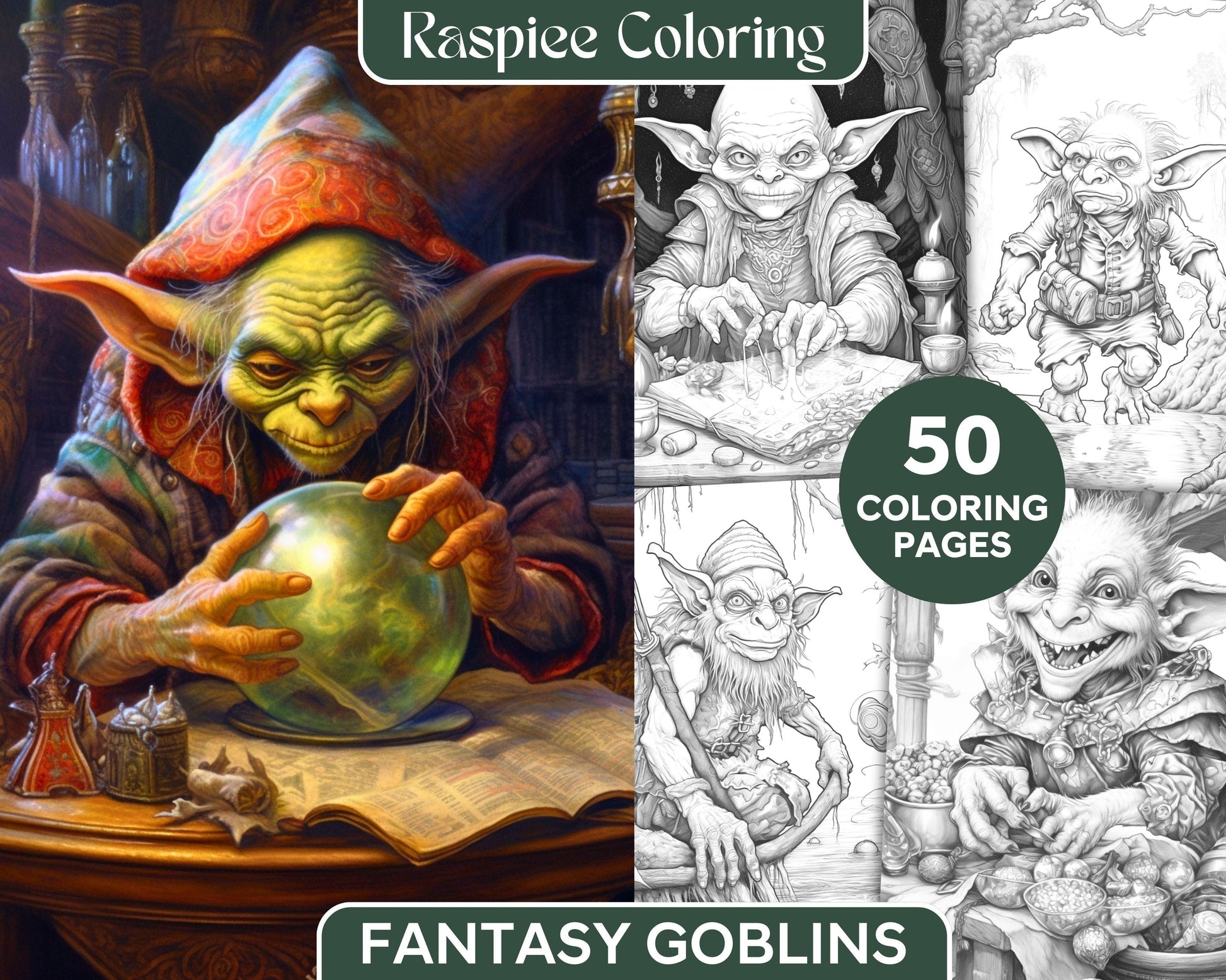 Fantasy Goblins Grayscale Coloring Pages Printable for Adults, PDF File Instant Download