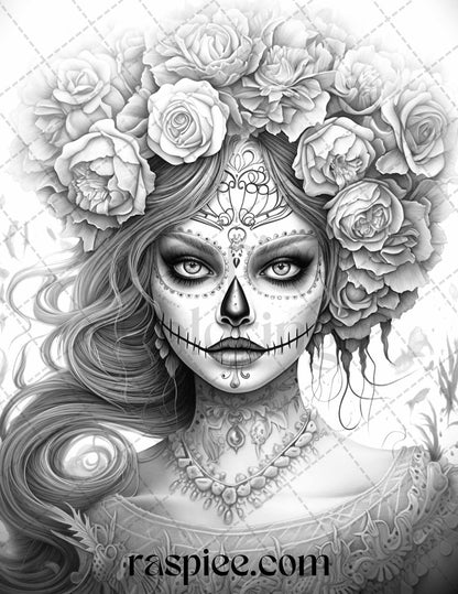 50 Day of the Dead Grayscale Coloring Pages Printable for Adults, PDF File Instant Download