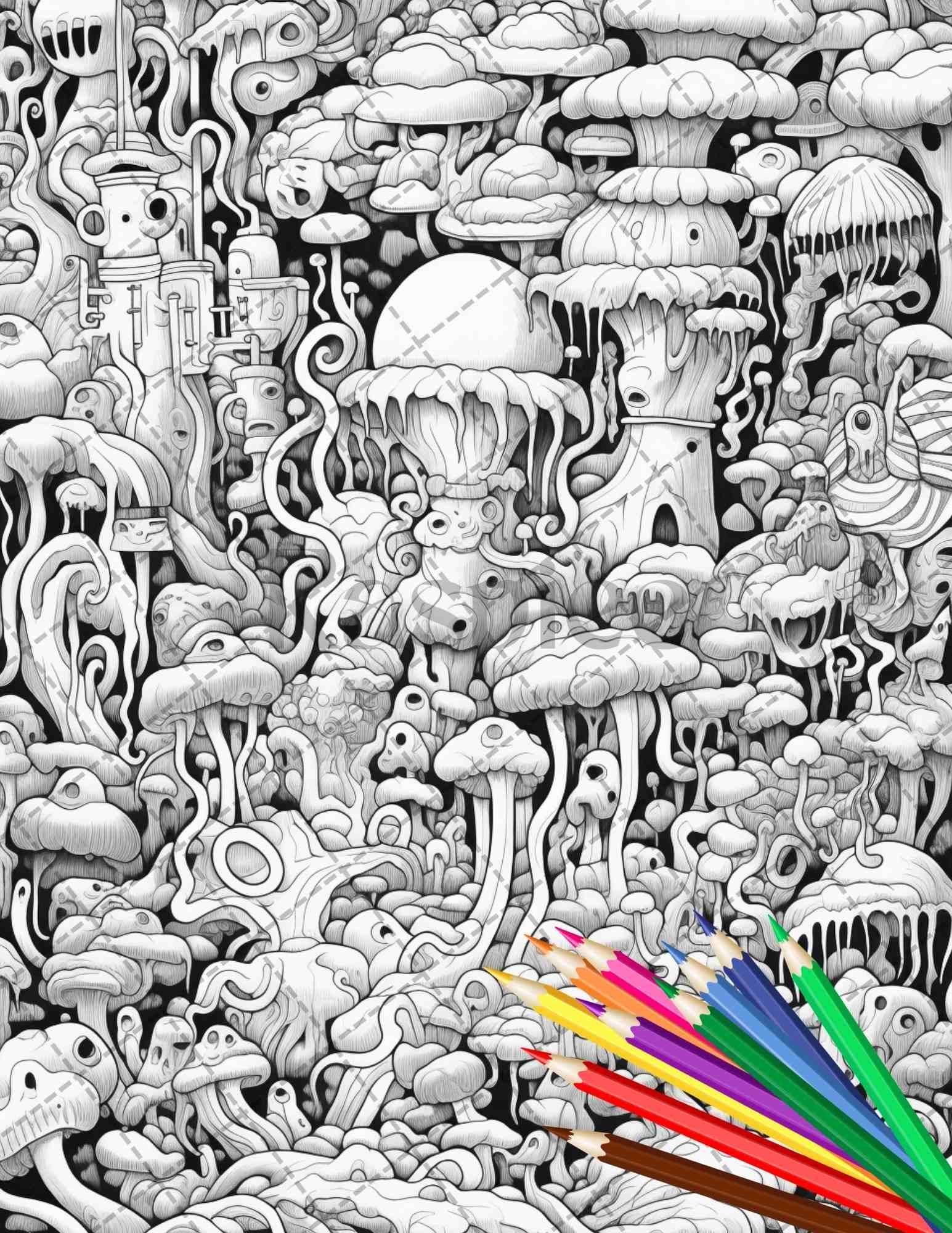 Psychedelic Trippy Coloring Book Printable for Adults, Grayscale Coloring Page, PDF File Instant Download