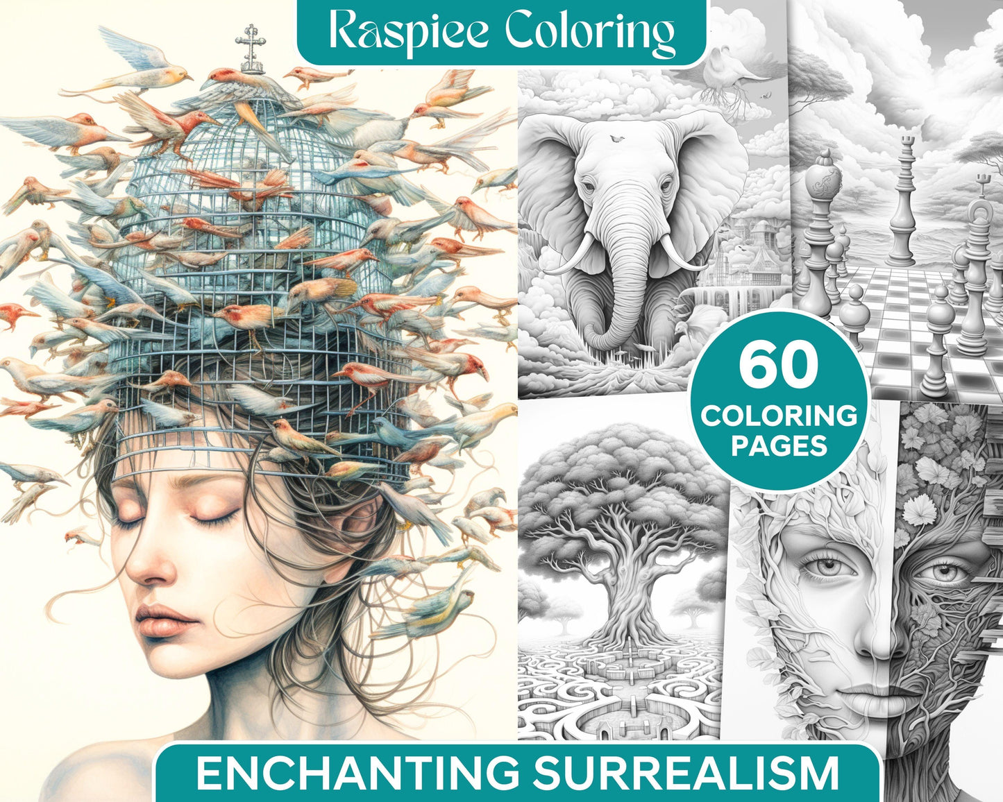 60 Enchanting Surrealism Grayscale Coloring Pages Printable for Adults, PDF File Instant Download