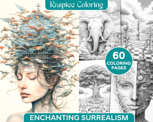 60 Enchanting Surrealism Grayscale Coloring Pages Printable for Adults, PDF File Instant Download