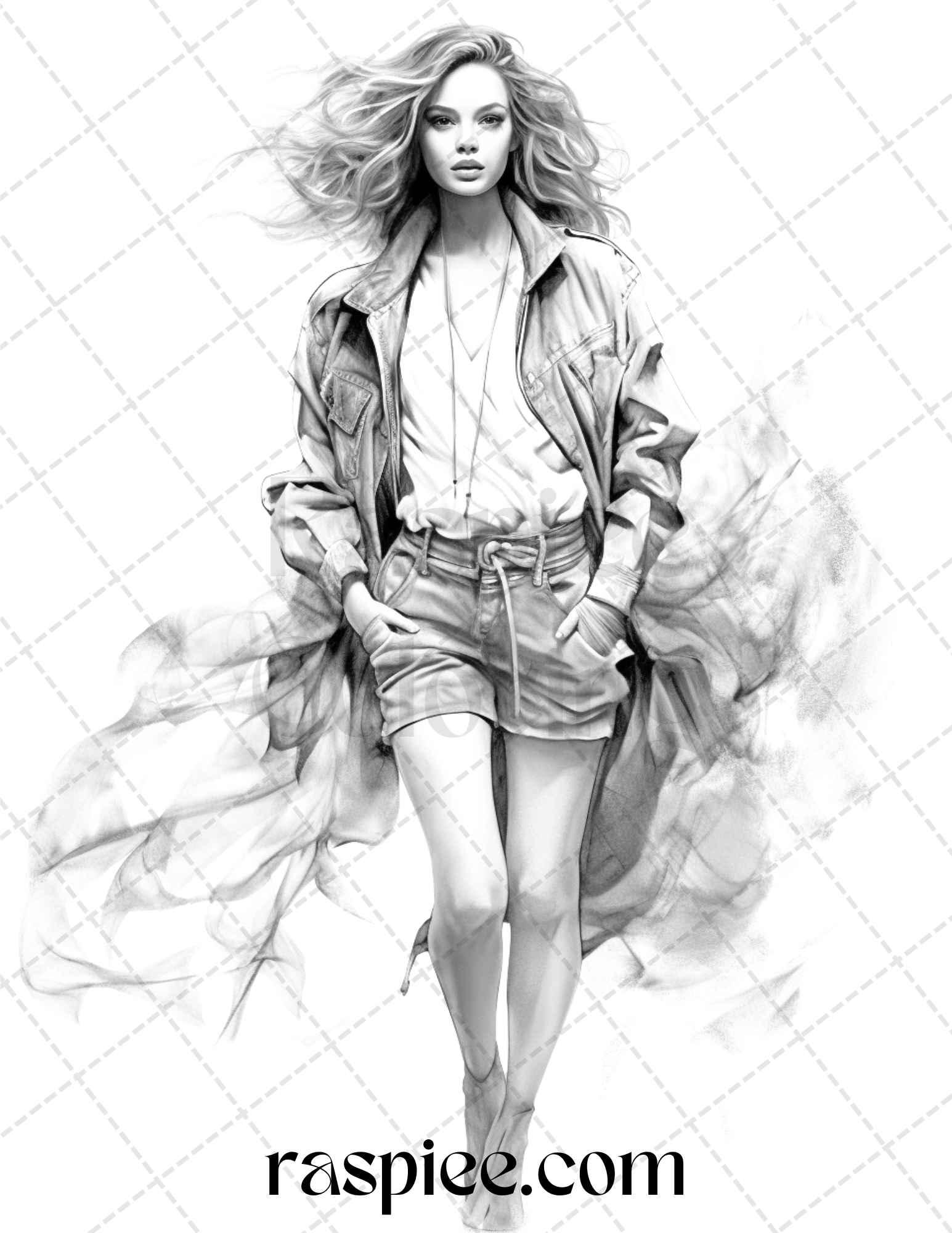 50 Streetwear Fashion Grayscale Coloring Pages Printable for Adults, PDF File Instant Download