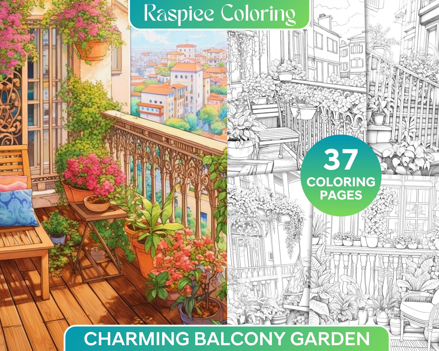 Charming Balcony Garden Grayscale Coloring Pages Printable for Adults, PDF File Instant Download