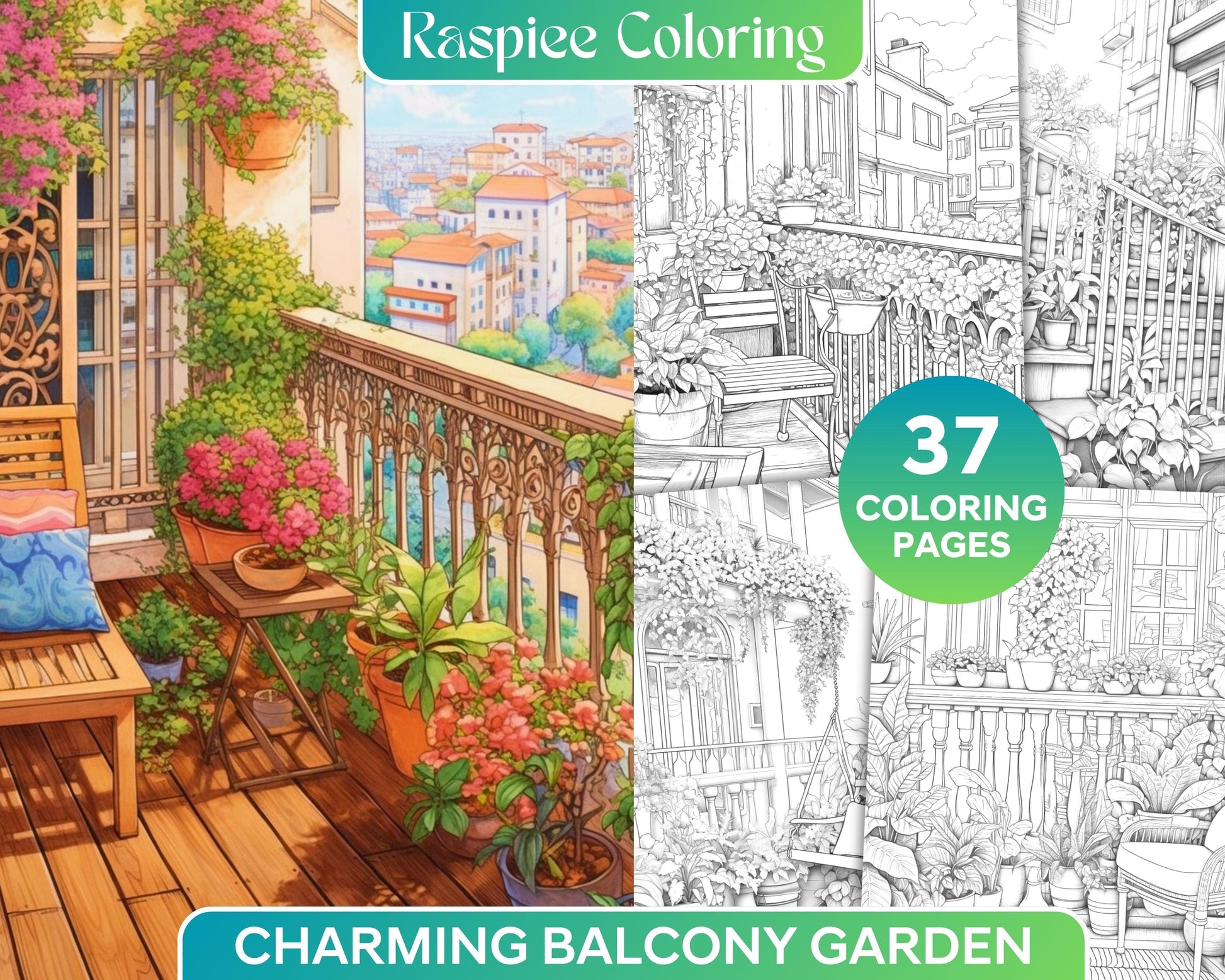 Charming Balcony Garden Grayscale Coloring Pages Printable for Adults, PDF File Instant Download