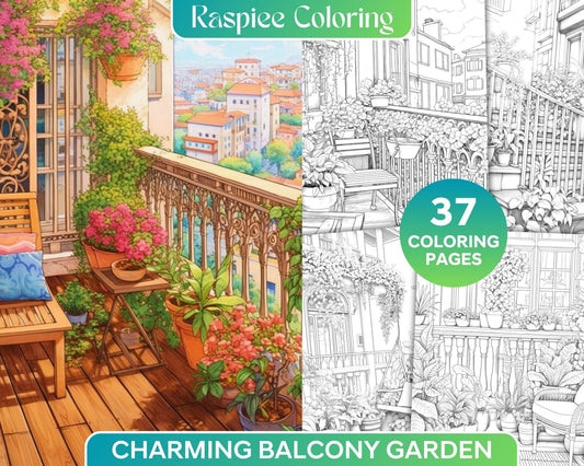 Charming Balcony Garden Grayscale Coloring Pages Printable for Adults, PDF File Instant Download