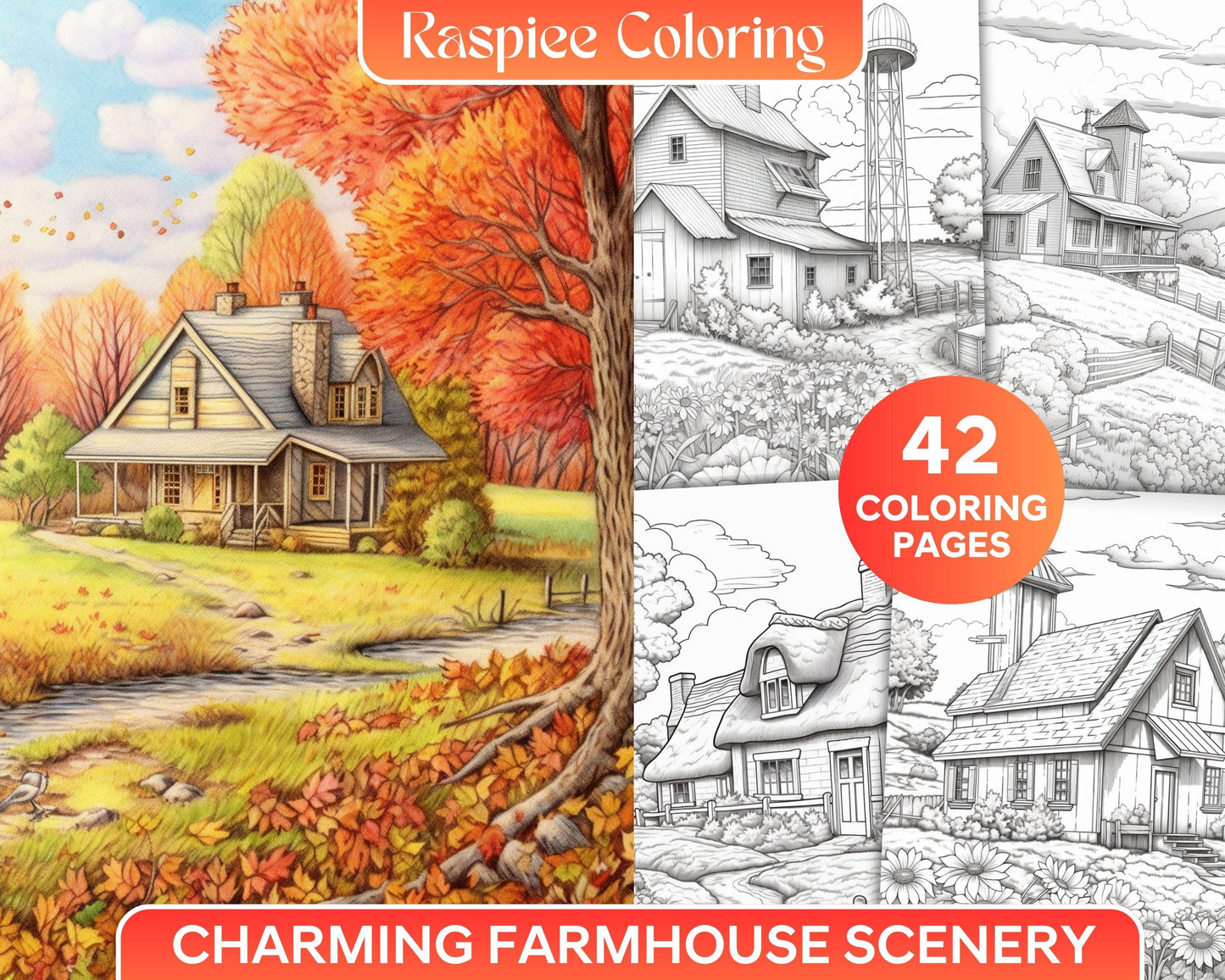 Charming Farmhouse Scenery Grayscale Coloring Pages Printable for Adults, PDF File Instant Download