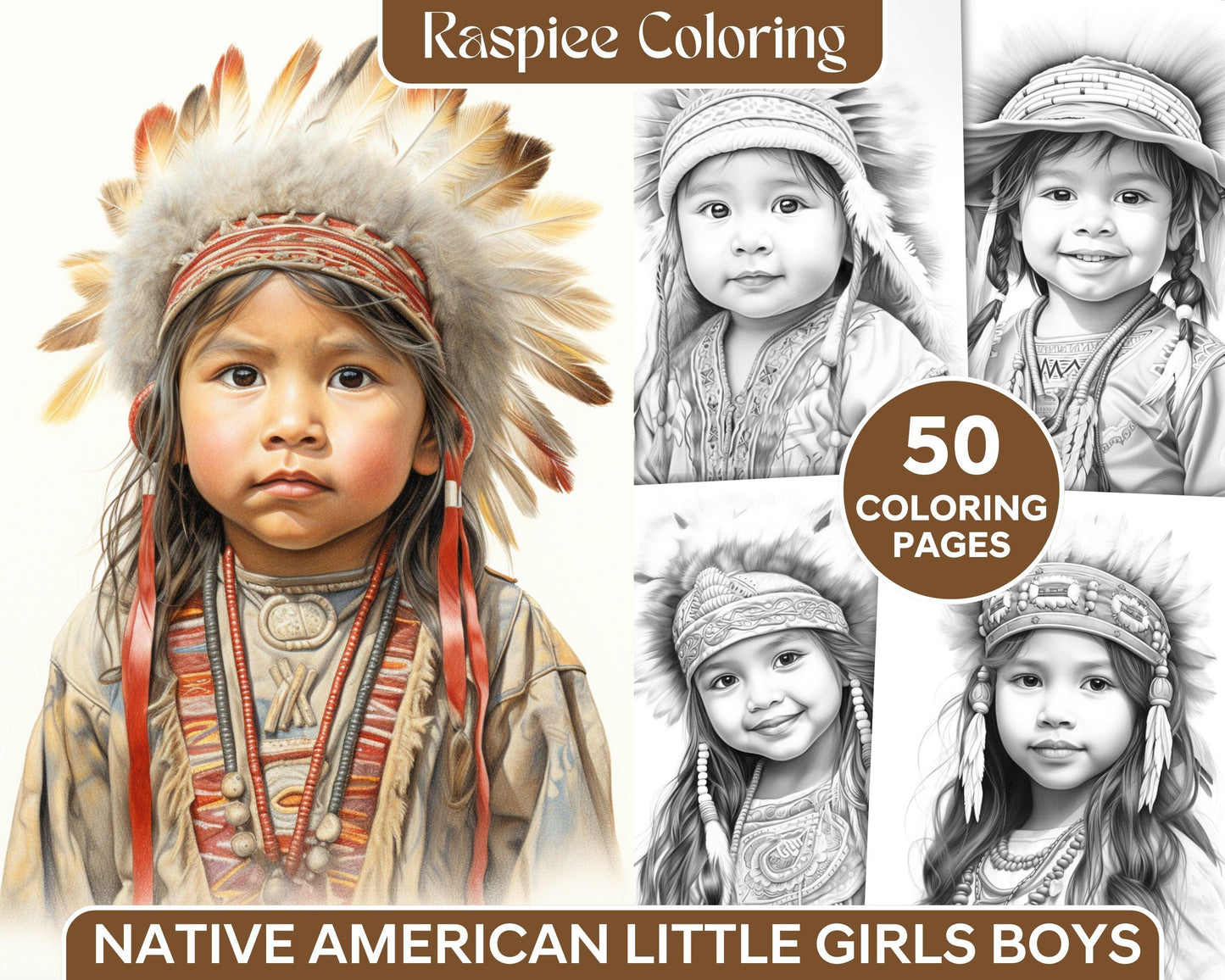 50 Native American Little Girls Boys Grayscale Coloring Pages Printable for Adults Kids, PDF File Instant Download