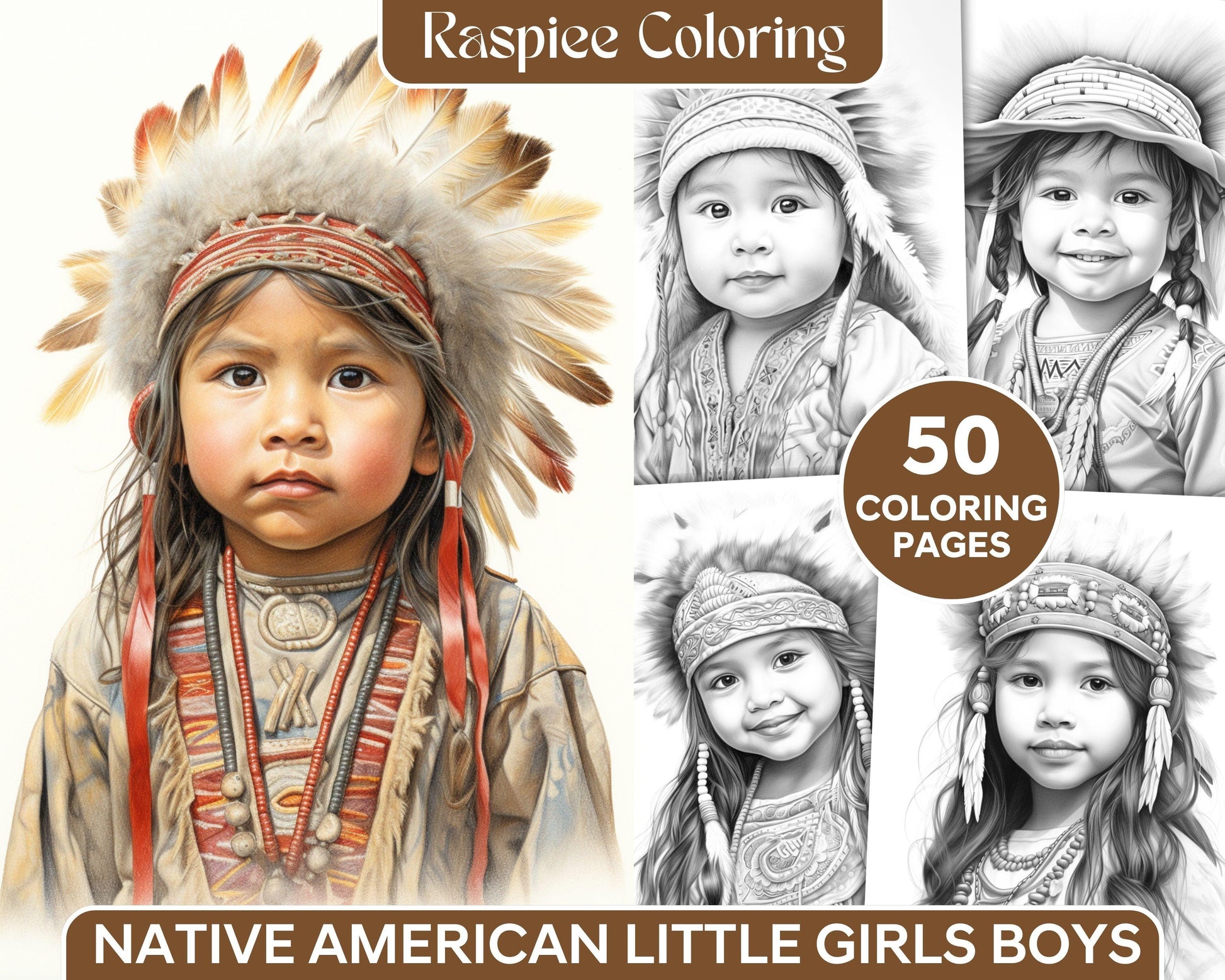 50 Native American Little Girls Boys Grayscale Coloring Pages Printable for Adults Kids, PDF File Instant Download