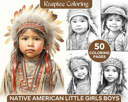 50 Native American Little Girls Boys Grayscale Coloring Pages Printable for Adults Kids, PDF File Instant Download