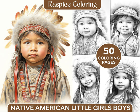 50 Native American Little Girls Boys Grayscale Coloring Pages Printable for Adults Kids, PDF File Instant Download