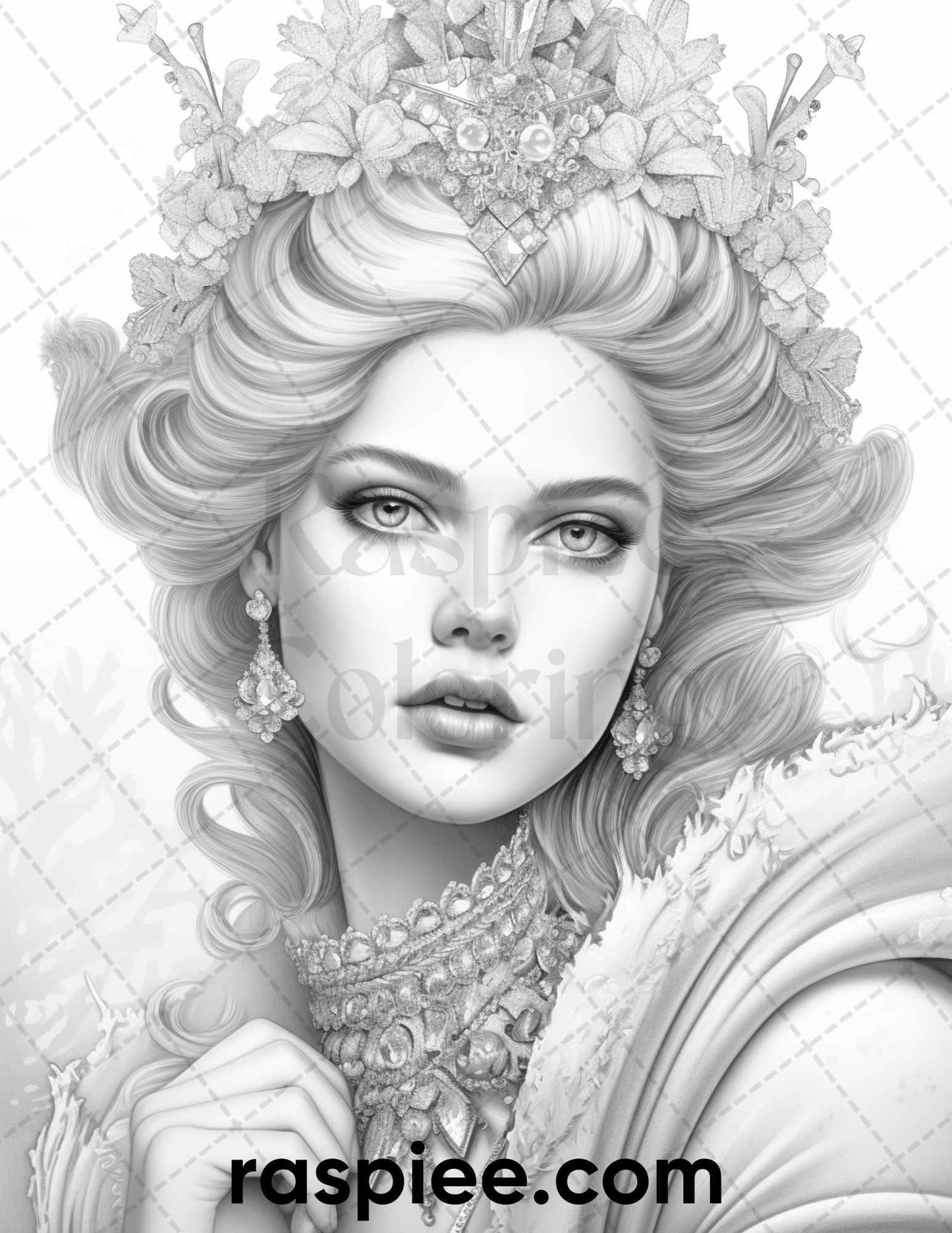 50 Winter Queens Portrait Grayscale Coloring Pages Printable for Adults, PDF File Instant Download