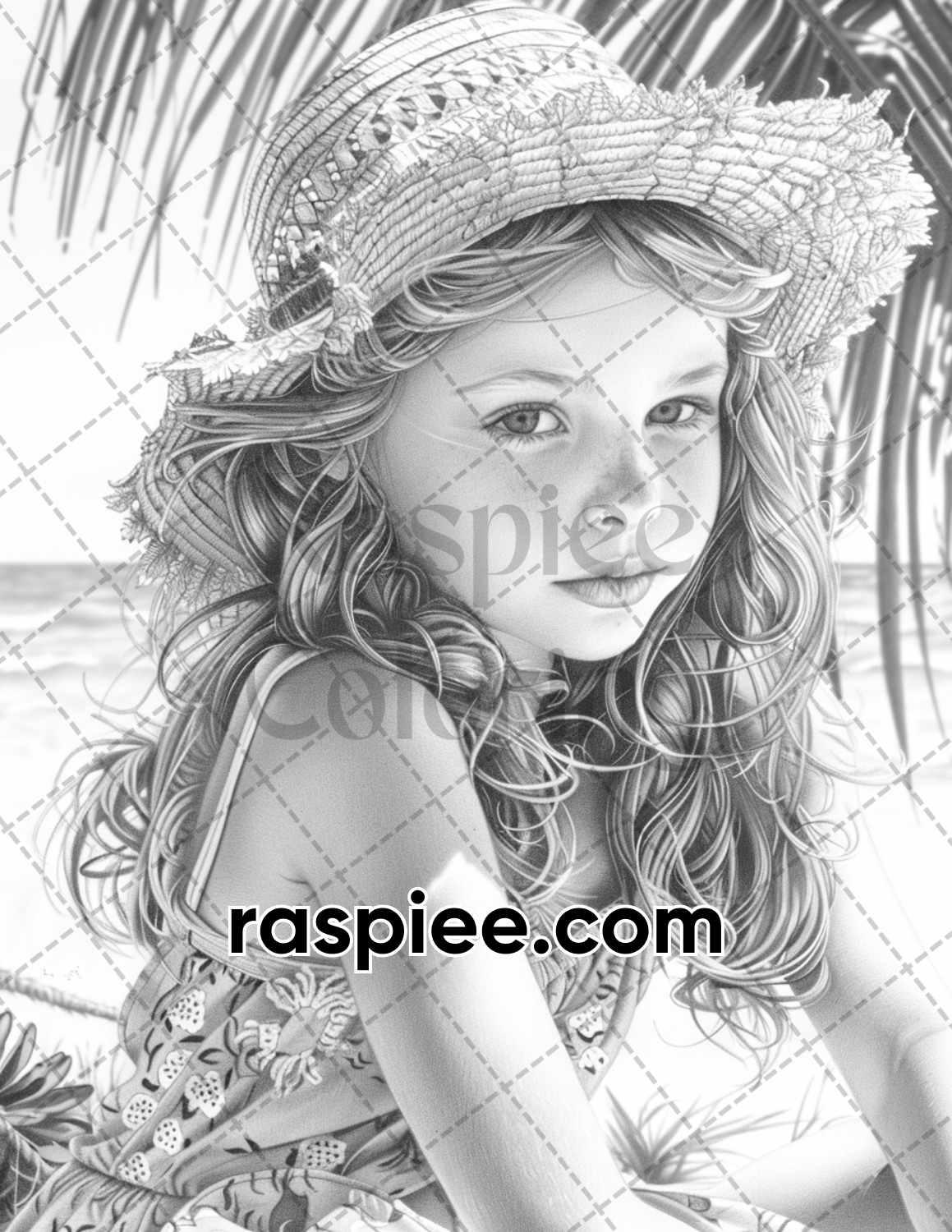 65 Summer Little Girls Portrait Grayscale Adult Coloring Pages Printable PDF Instant Download